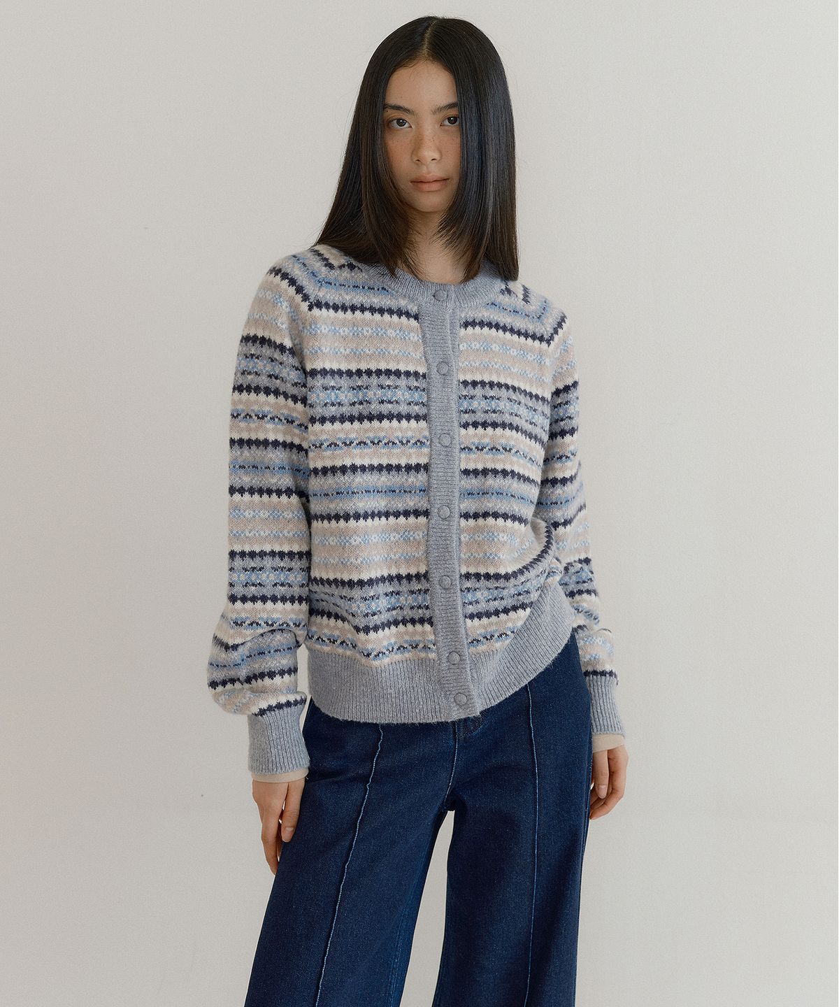 루시르주(LUCIR ZU) Fair Isle Raglan Sweater Cardigan (navy)