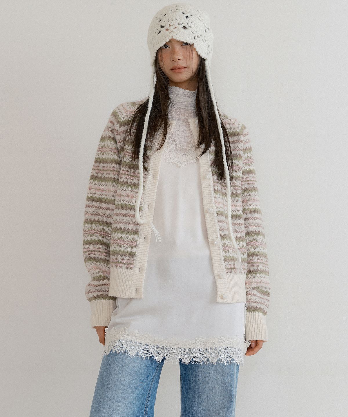 루시르주(LUCIR ZU) Fair Isle Raglan Sweater Cardigan (cream)