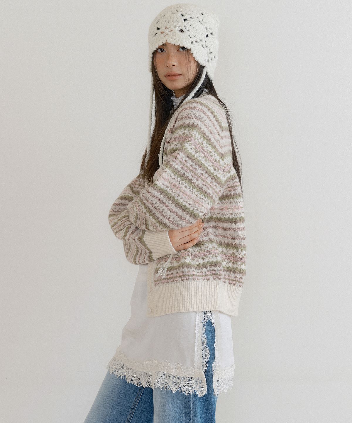 루시르주(LUCIR ZU) Fair Isle Raglan Sweater Cardigan (cream)