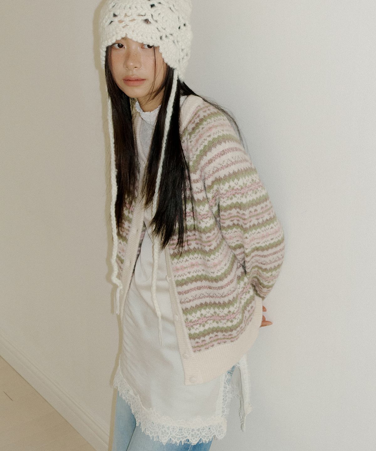 루시르주(LUCIR ZU) Fair Isle Raglan Sweater Cardigan (cream)