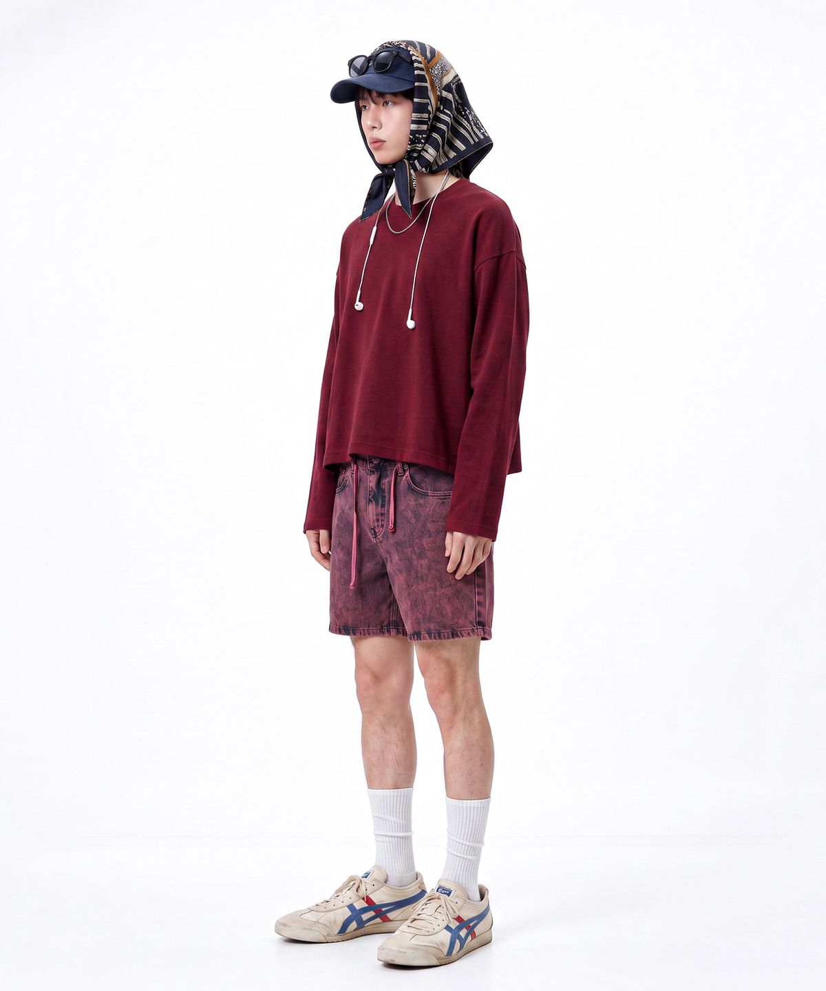 씨웨어 바이 더 지니어스(C WEAR BY THE GENIUS) 맨즈 크롭 롱 슬리브 티셔츠 버건디