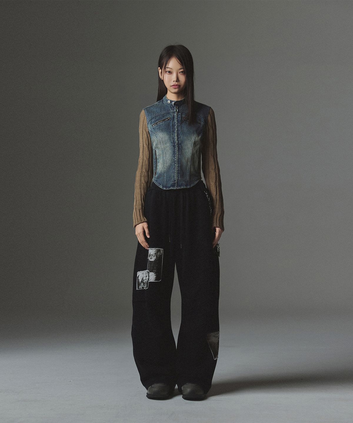 낫포너드(NOT4NERD) W Incision Knit Sleeve Denim Jacket - Deep Blue