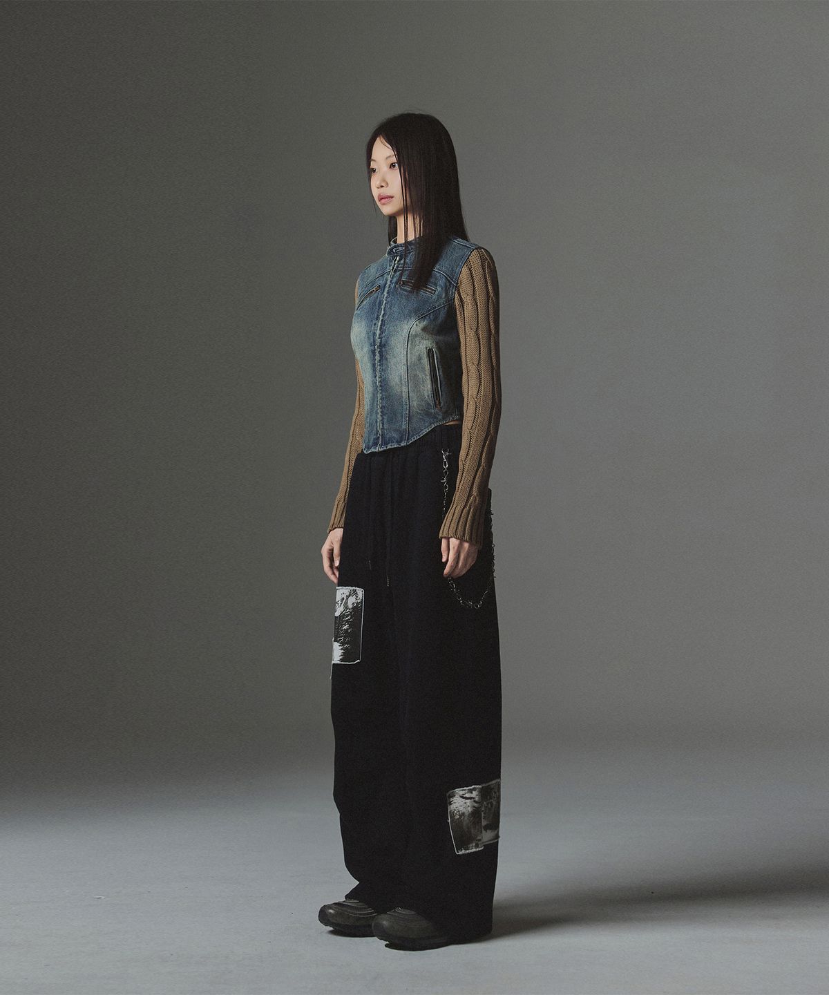 낫포너드(NOT4NERD) W Incision Knit Sleeve Denim Jacket - Deep Blue