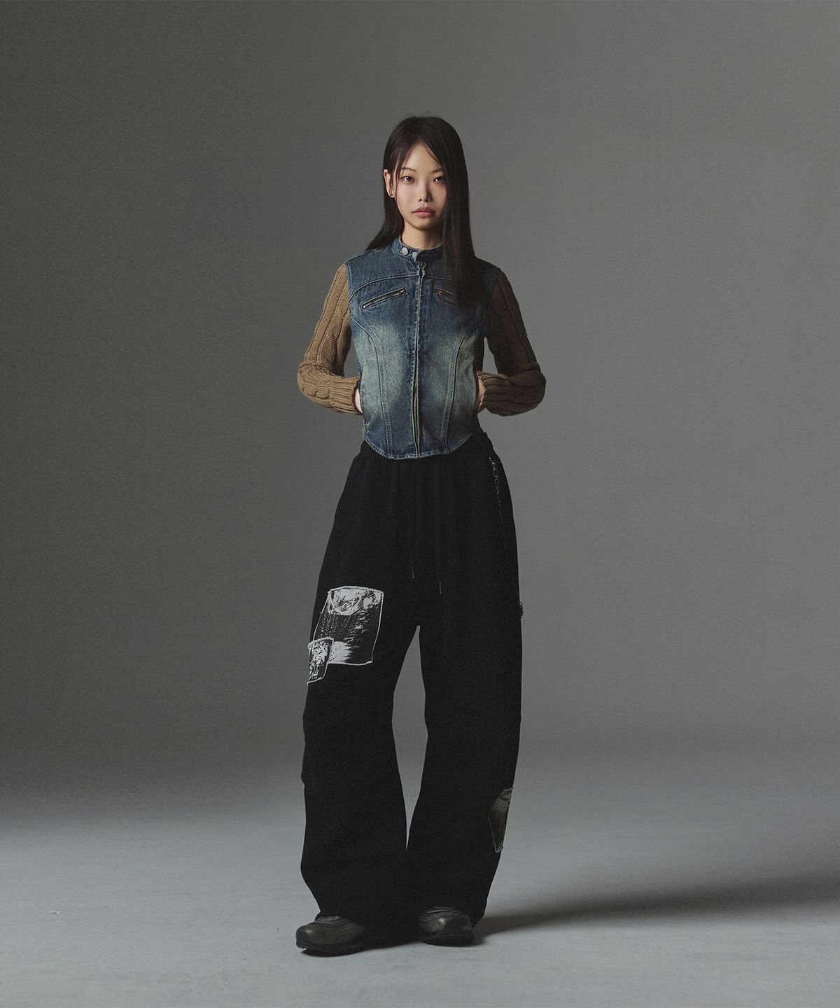 낫포너드(NOT4NERD) W Incision Knit Sleeve Denim Jacket - Deep Blue