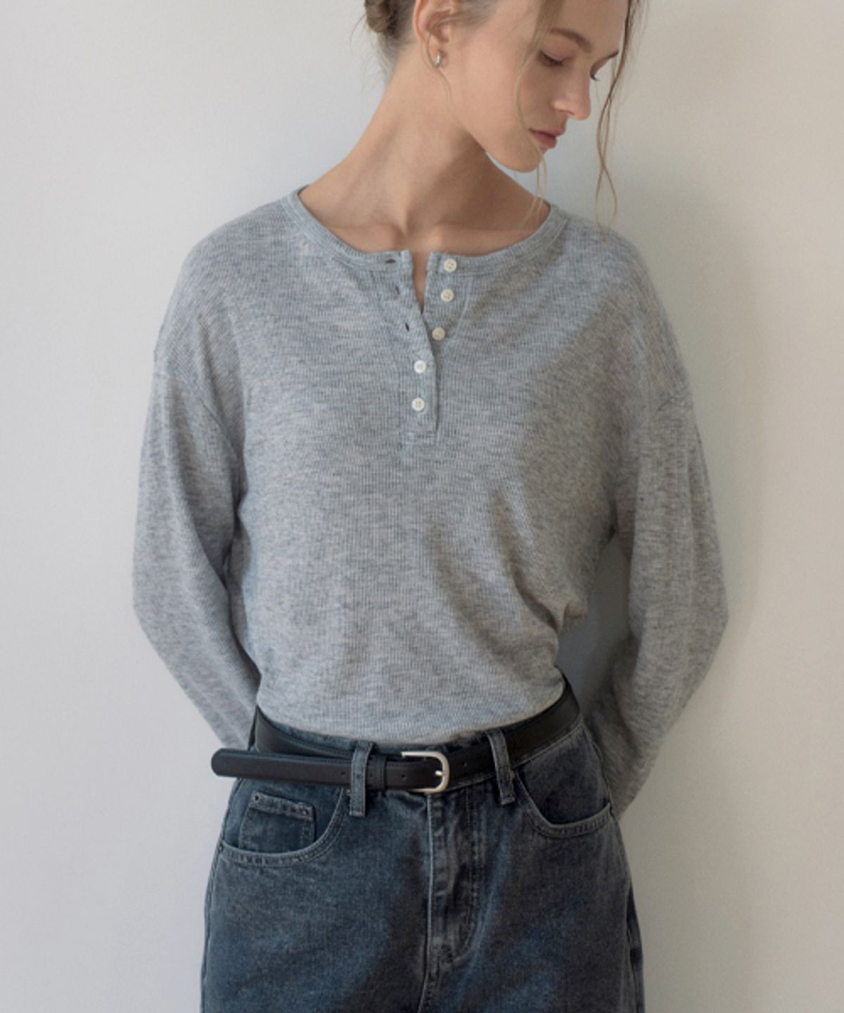 헤인트(HAINT) HENLEY NECK WOOL WAFFLE T-SHIRT_LIGHT GRAY