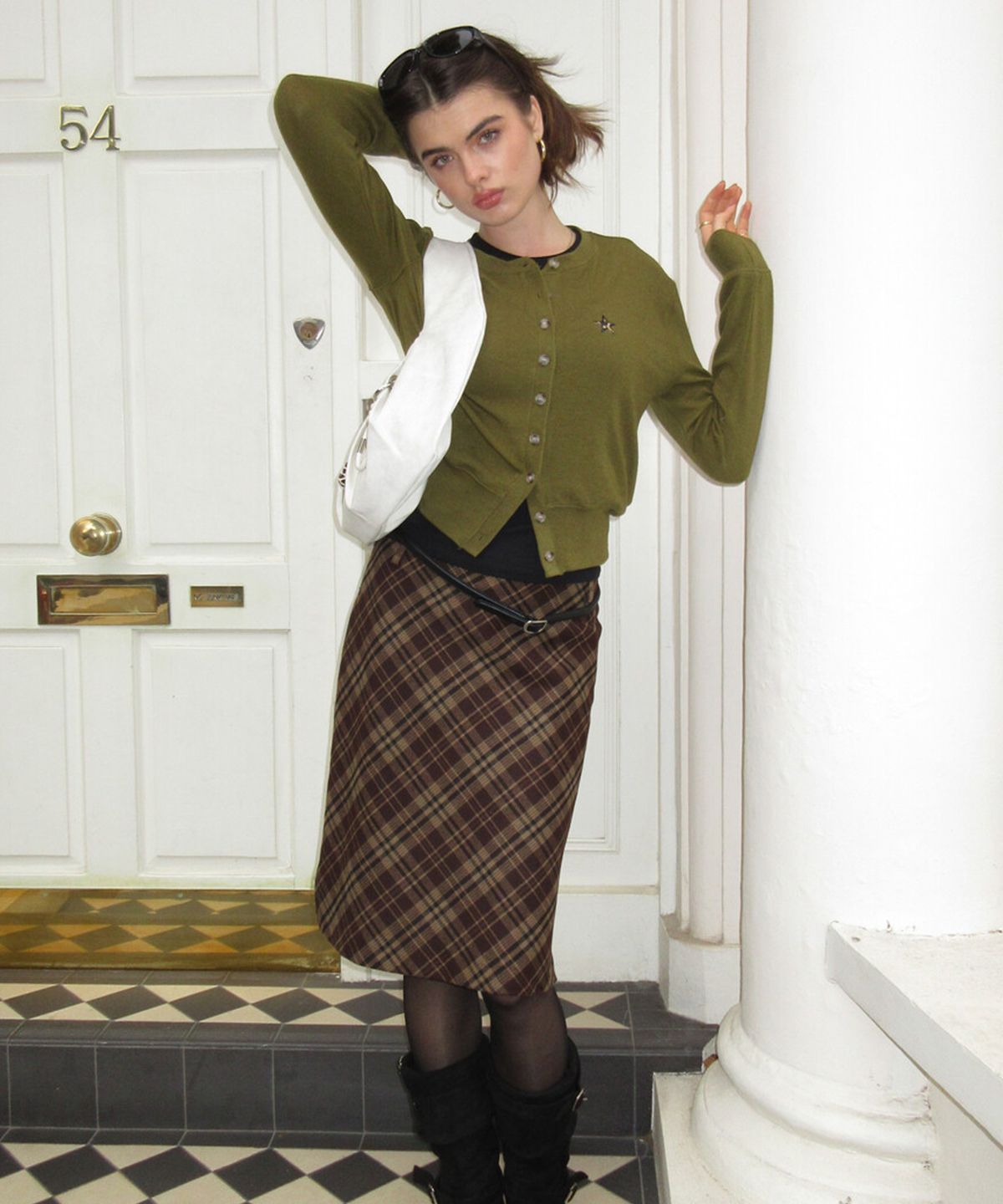 디망쉬(dimanche) Check Midi Skirt (brown)
