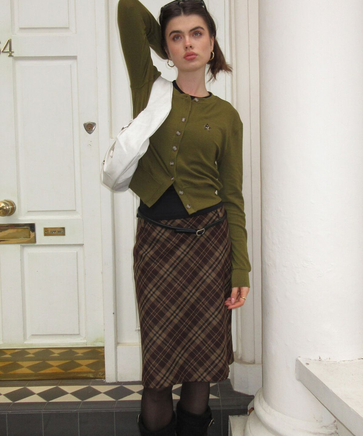 디망쉬(dimanche) Check Midi Skirt (brown)