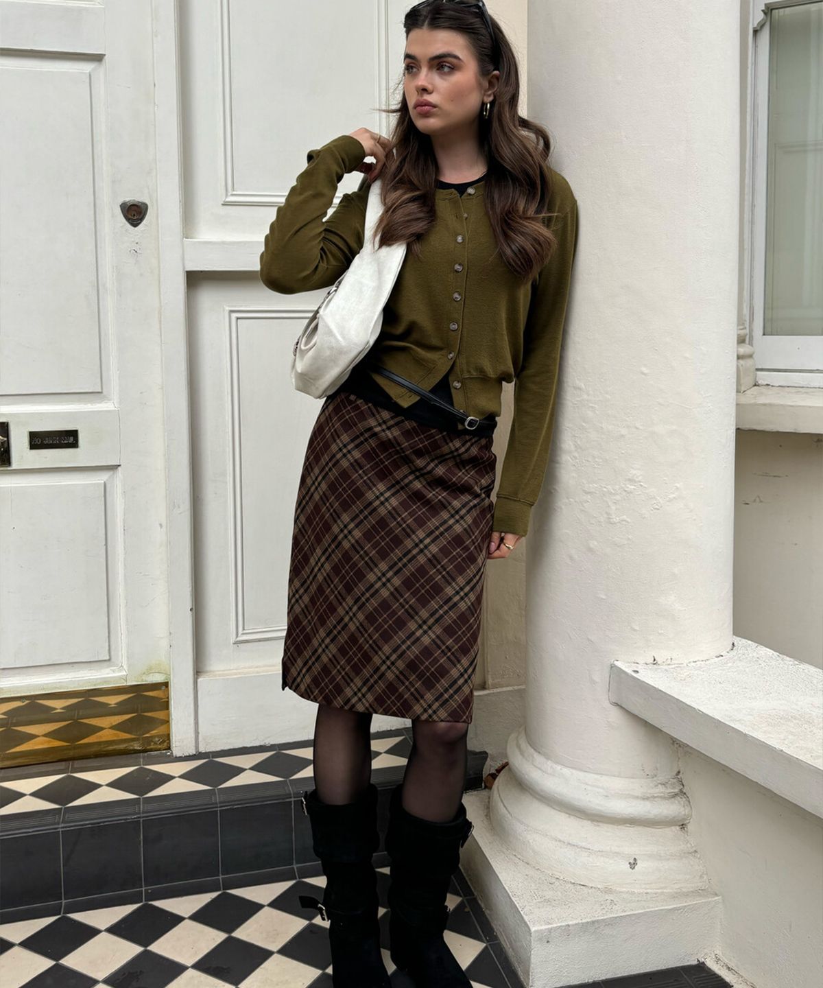 디망쉬(dimanche) Check Midi Skirt (brown)