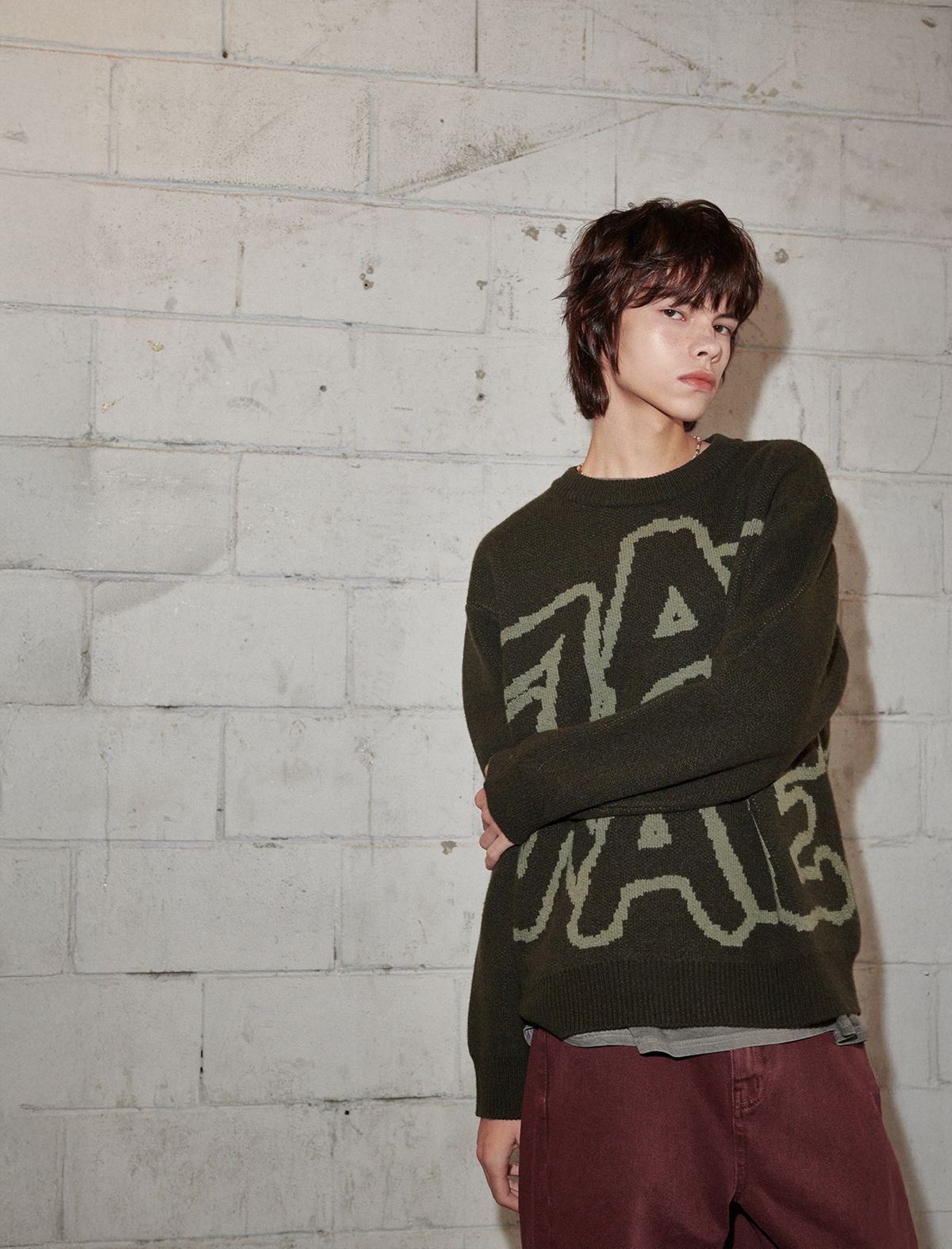 플랫웨이브 인 서울(FLATWAVE IN SEOUL) Ryef Wool Lettering Round Knit Khaki