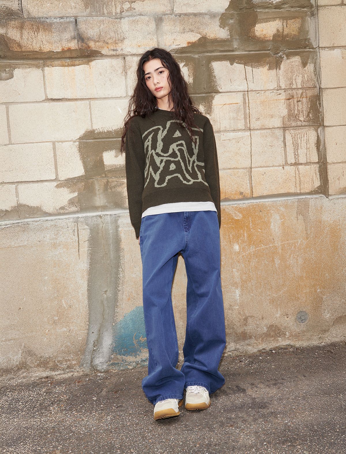 플랫웨이브 인 서울(FLATWAVE IN SEOUL) Ryef Wool Lettering Round Knit Khaki