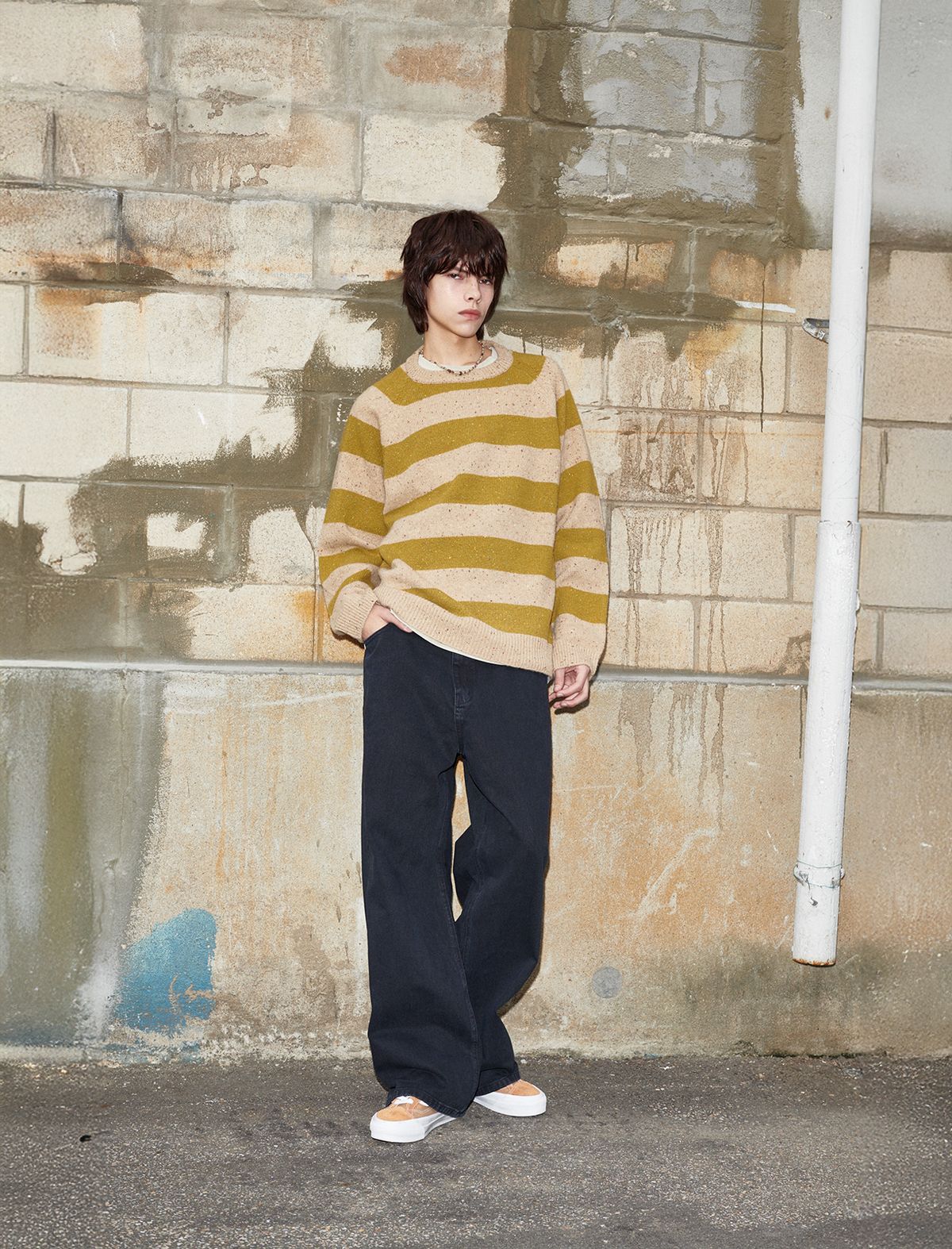 플랫웨이브 인 서울(FLATWAVE IN SEOUL) Noor Wool Stripe Round Knit Sand/Mustard