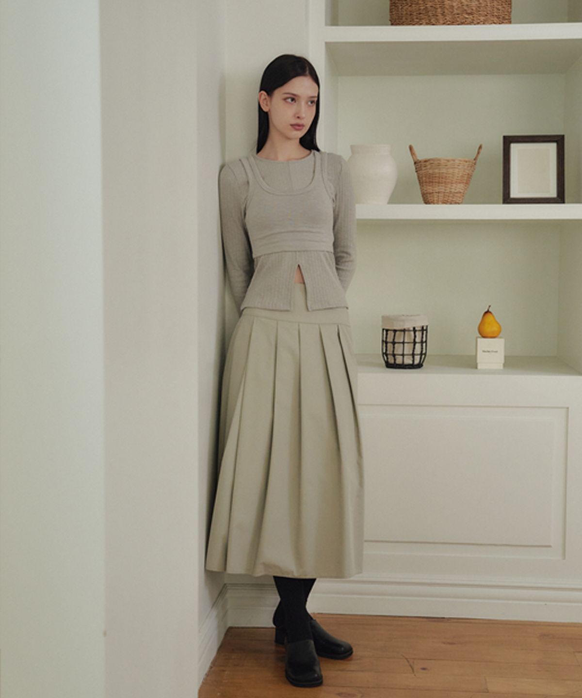 마롯(MARROT) Two-way Pleated Long Skirt_Pale Khaki