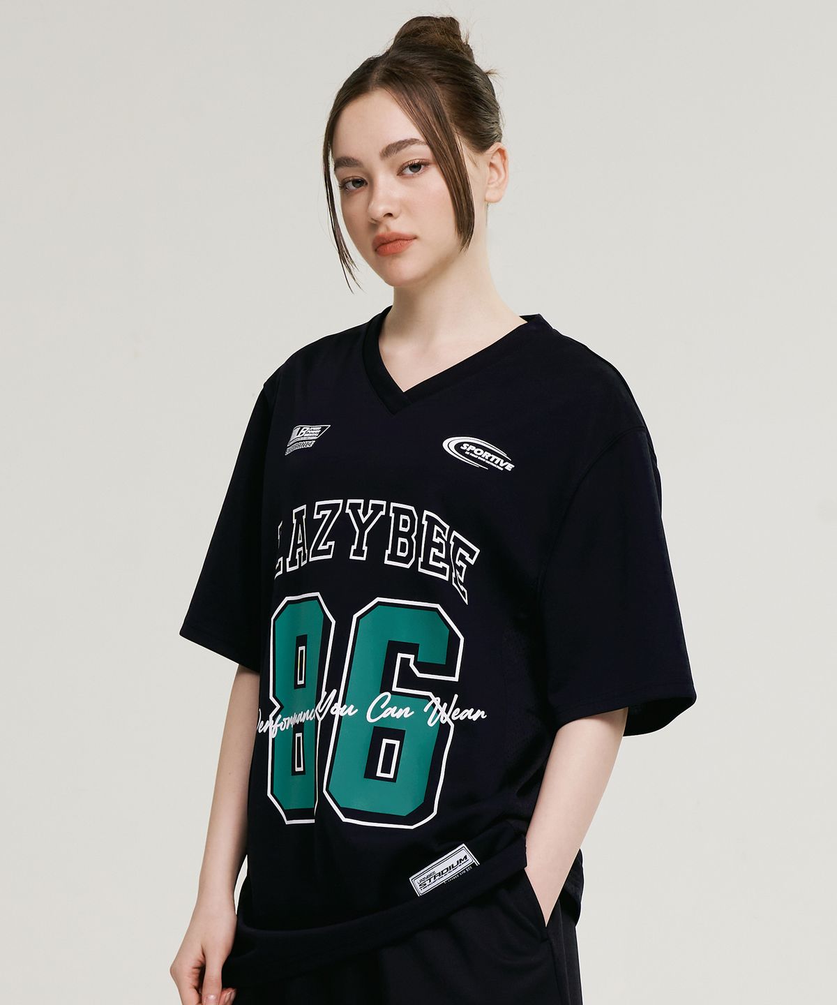 레이지비(LAZYBEE) 믹스드 매쉬 럭비 져지 상의 오버핏 반팔 W 운동복 숏 슬리브 티셔츠 블랙