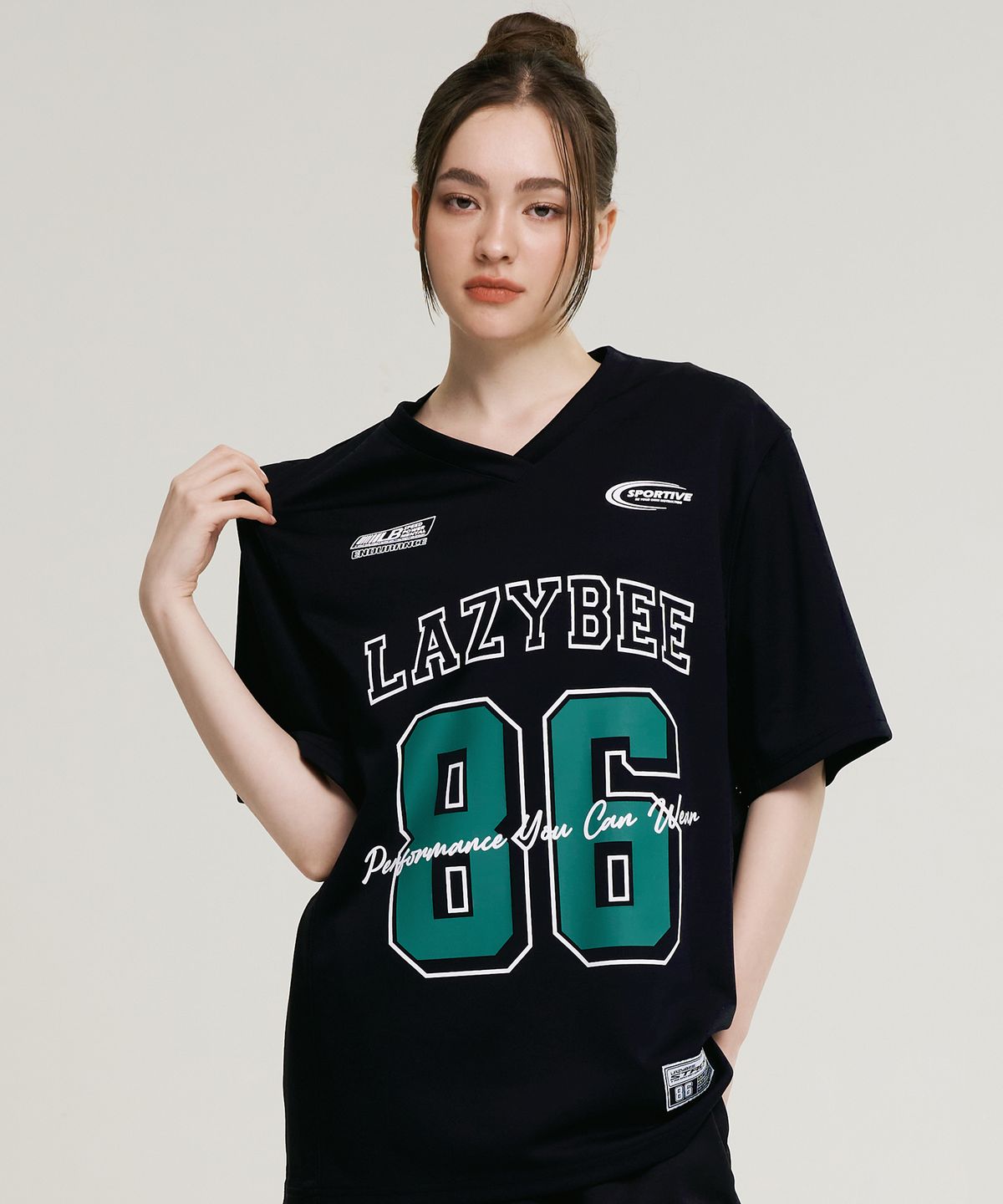 레이지비(LAZYBEE) 믹스드 매쉬 럭비 져지 상의 오버핏 반팔 W 운동복 숏 슬리브 티셔츠 블랙