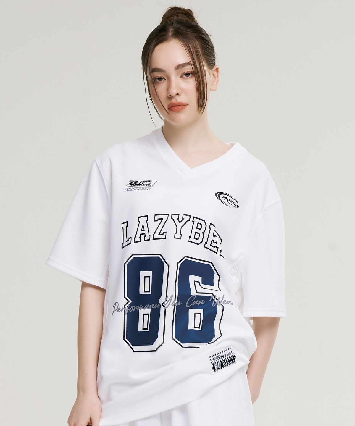 레이지비(LAZYBEE) 믹스드 매쉬 럭비 져지 상의 오버핏 반팔 W 운동복 숏 슬리브 티셔츠 화이트
