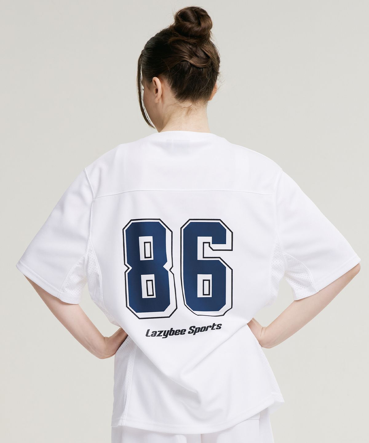 레이지비(LAZYBEE) 믹스드 매쉬 럭비 져지 상의 오버핏 반팔 W 운동복 숏 슬리브 티셔츠 화이트