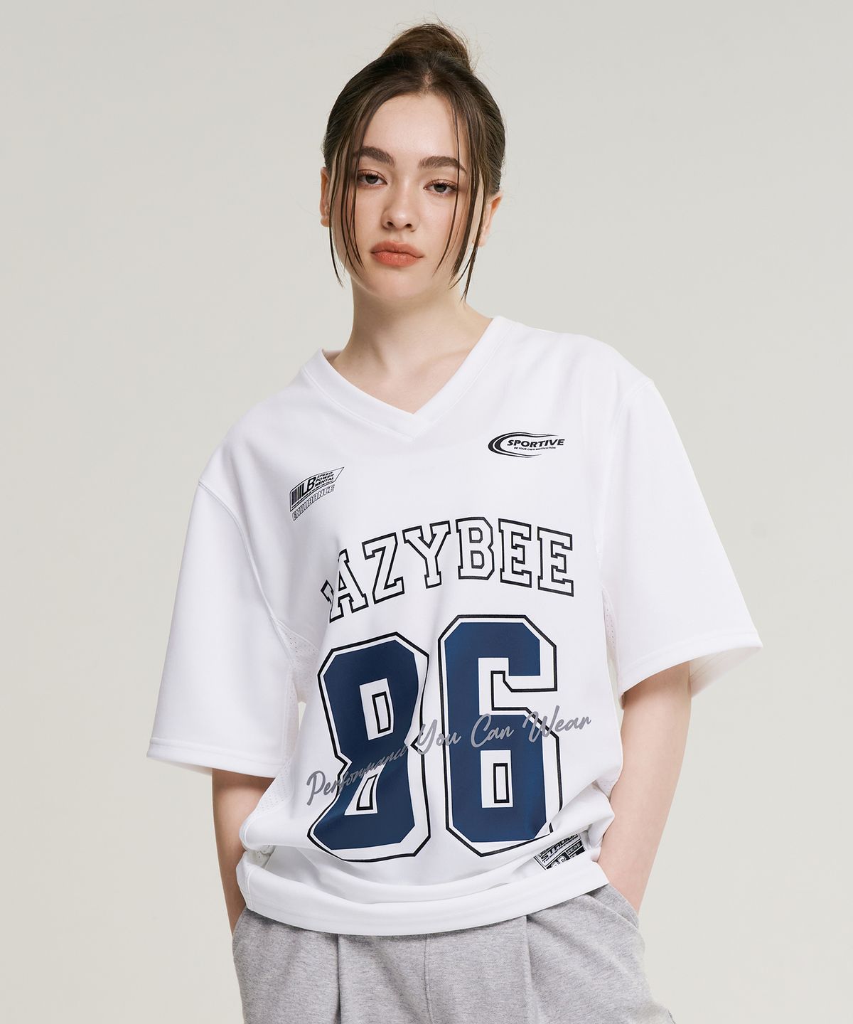레이지비(LAZYBEE) 믹스드 매쉬 럭비 져지 상의 오버핏 반팔 W 운동복 숏 슬리브 티셔츠 화이트