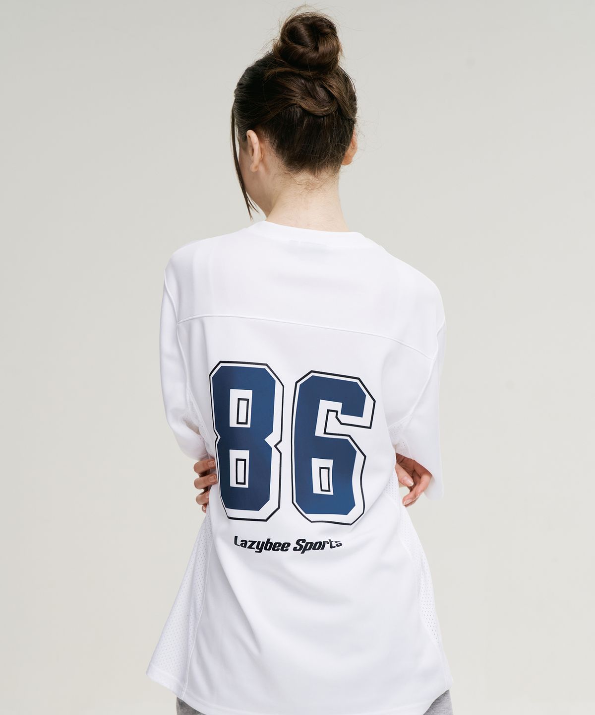 레이지비(LAZYBEE) 믹스드 매쉬 럭비 져지 상의 오버핏 반팔 W 운동복 숏 슬리브 티셔츠 화이트