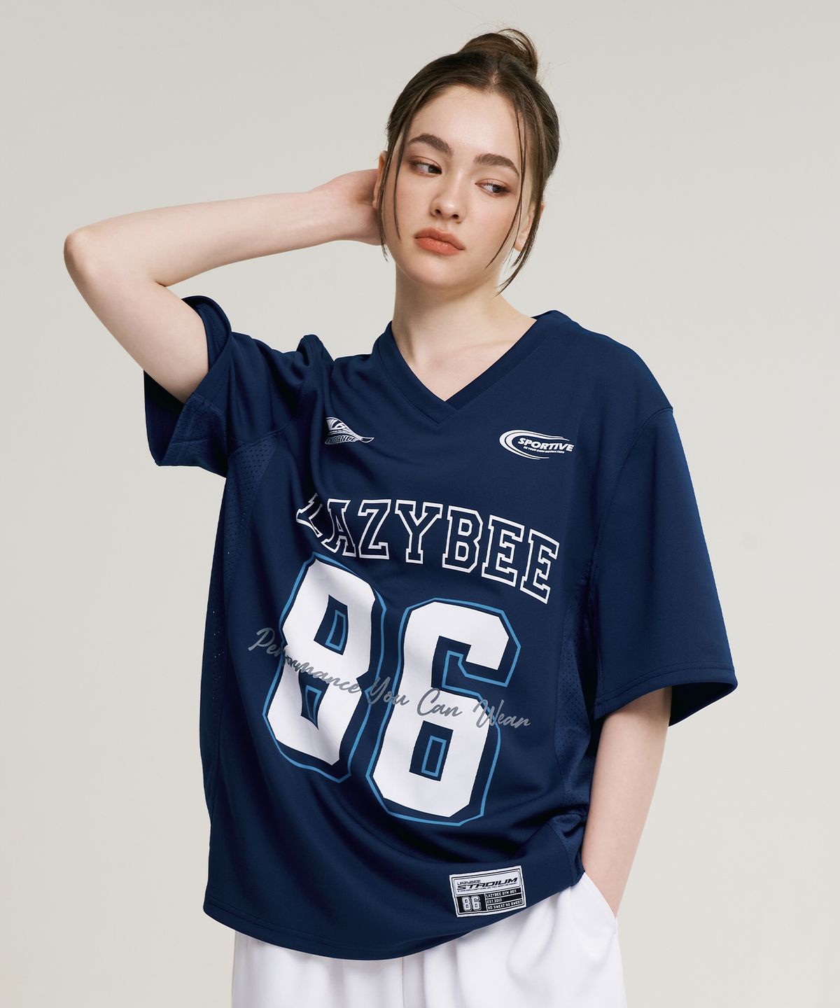 레이지비(LAZYBEE) 믹스드 매쉬 럭비 져지 상의 오버핏 반팔 W 운동복 숏 슬리브 티셔츠 네이비