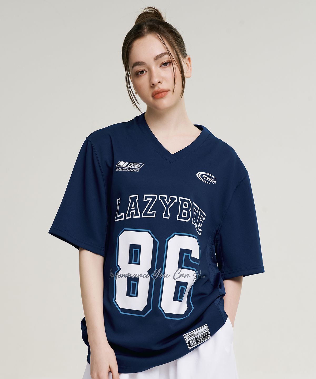레이지비(LAZYBEE) 믹스드 매쉬 럭비 져지 상의 오버핏 반팔 W 운동복 숏 슬리브 티셔츠 네이비