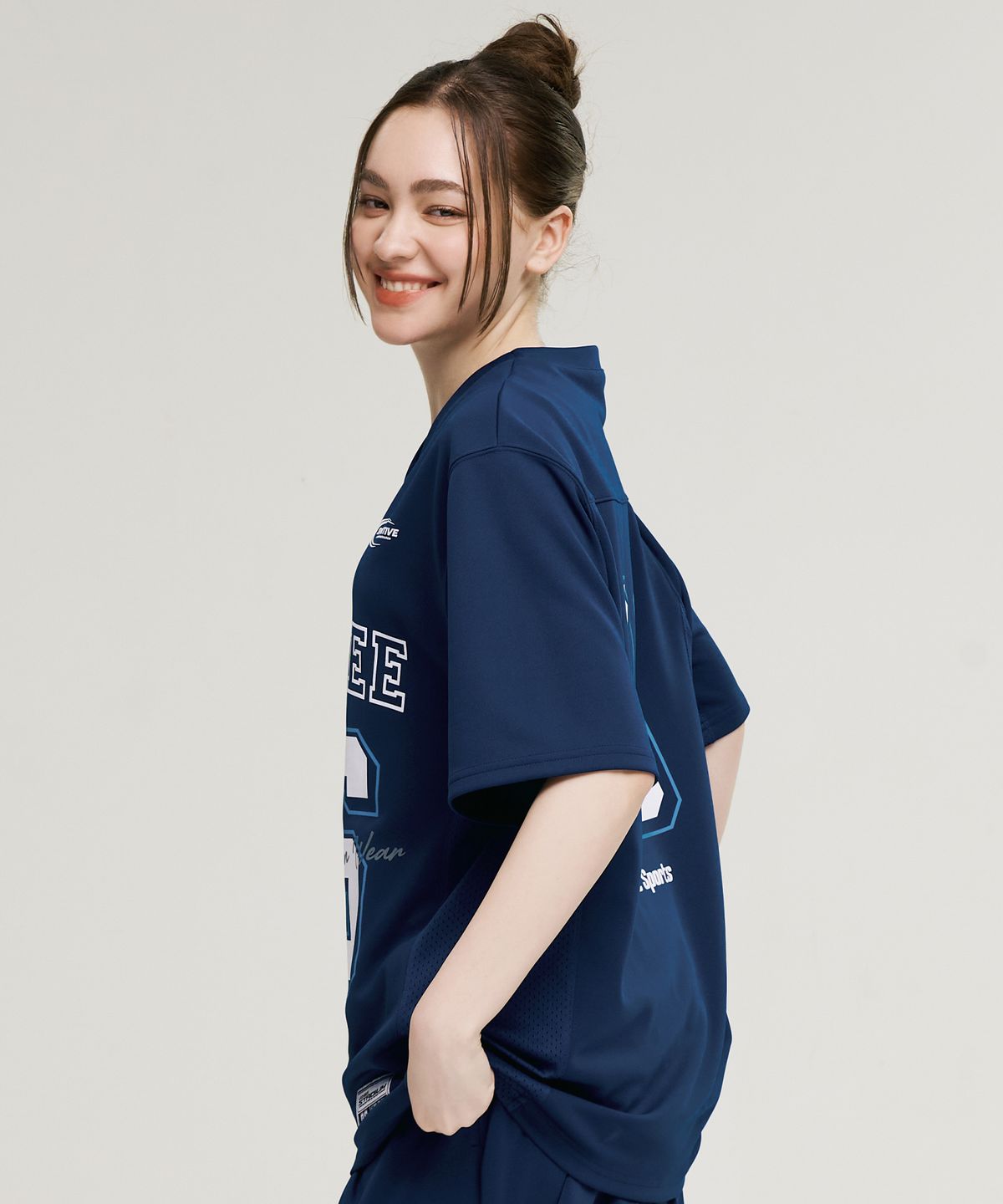 레이지비(LAZYBEE) 믹스드 매쉬 럭비 져지 상의 오버핏 반팔 W 운동복 숏 슬리브 티셔츠 네이비