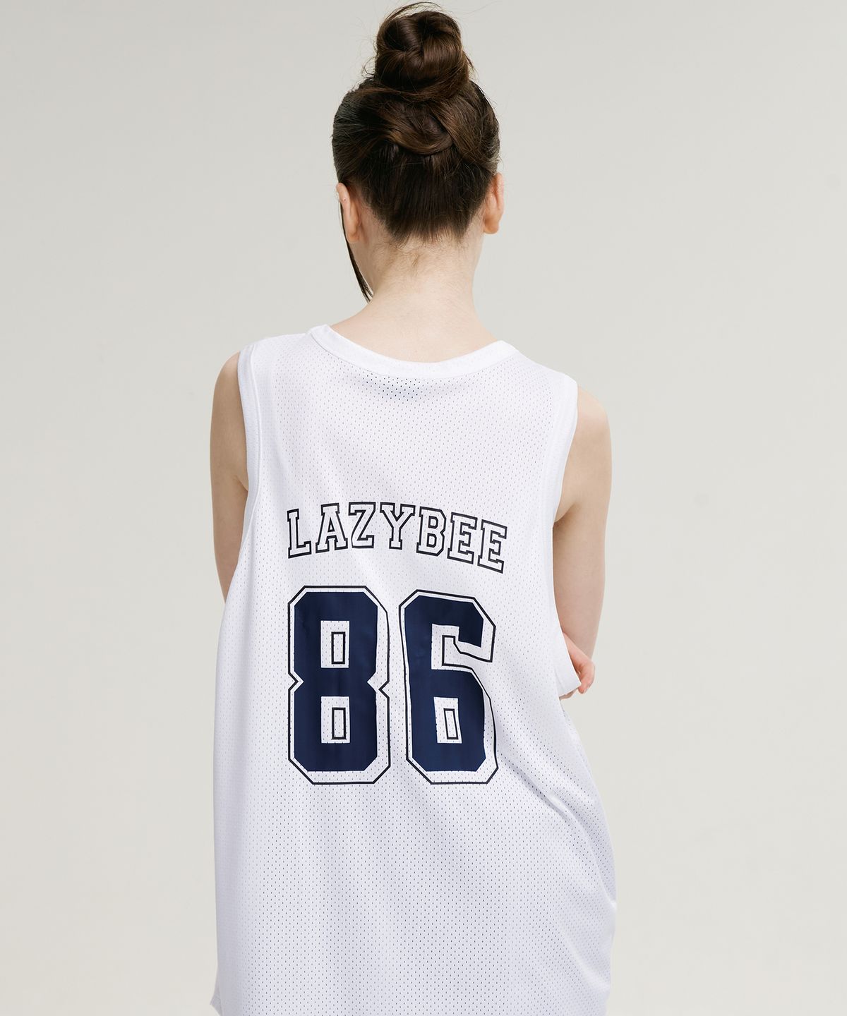 레이지비(LAZYBEE) 머슬 매쉬 져지 오버핏 W 나시 슬리브리스 탱크탑 화이트
