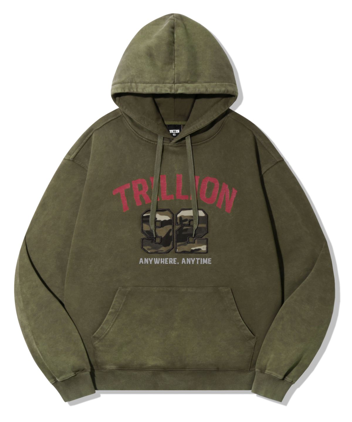 트릴리온(TRILLION) 카모 아플리케 그래픽 오버핏 후드_피그먼트 카키