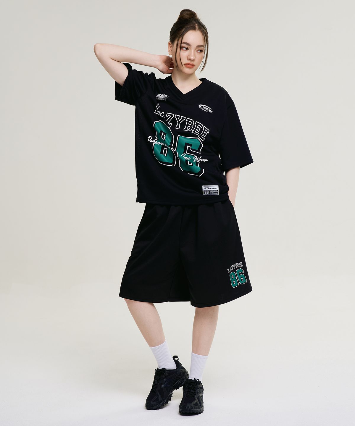 레이지비(LAZYBEE) 자이언트 핏 져지 버뮤다 반바지 W 팬츠 블랙