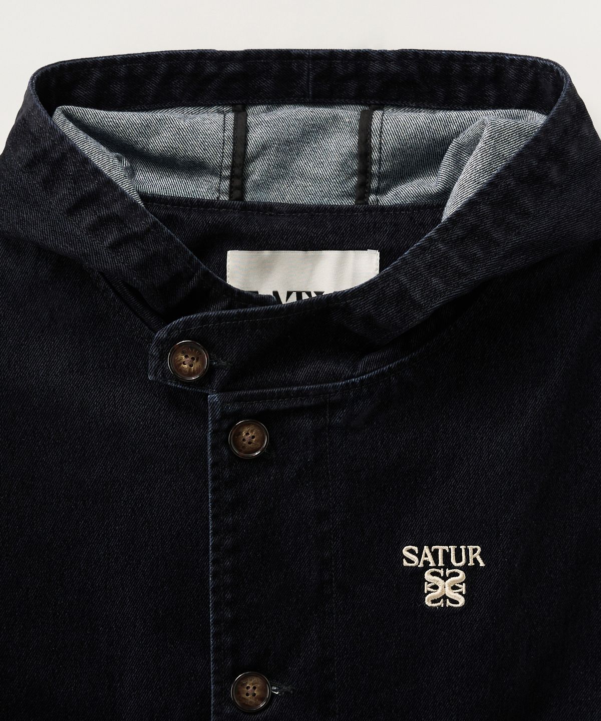 세터(SATUR) 벨벳 데님 미드렝스 후드 코트 인디고