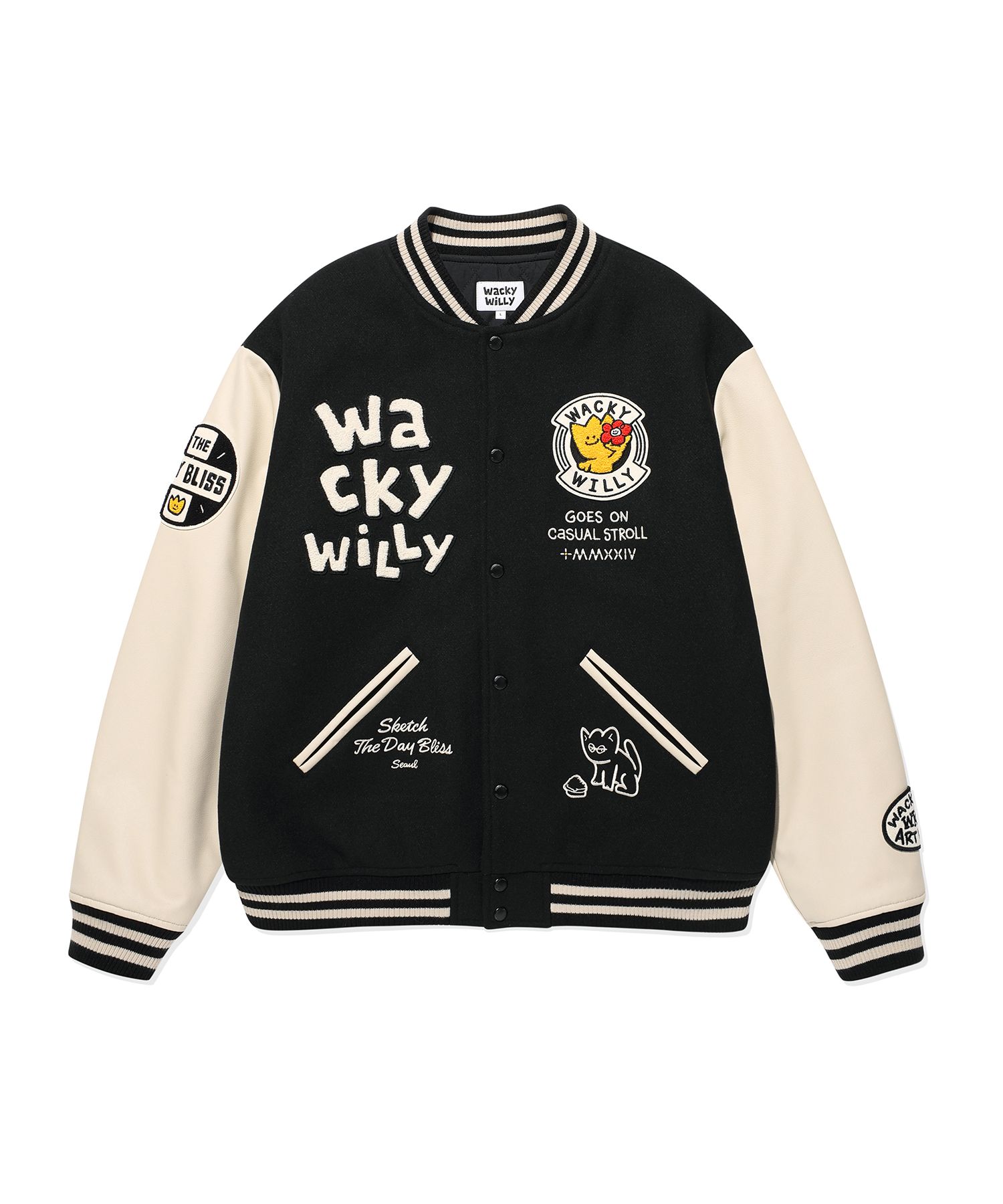 white wille スタジャン アイボリー/ブラック MUSINSA | WACKY WILLY Applique varsity jacket black