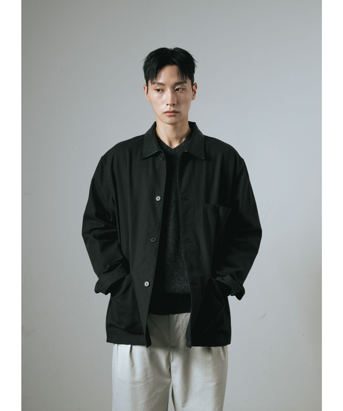 와기(WHAGI) Leather Collar Coverall Jacket (Black)