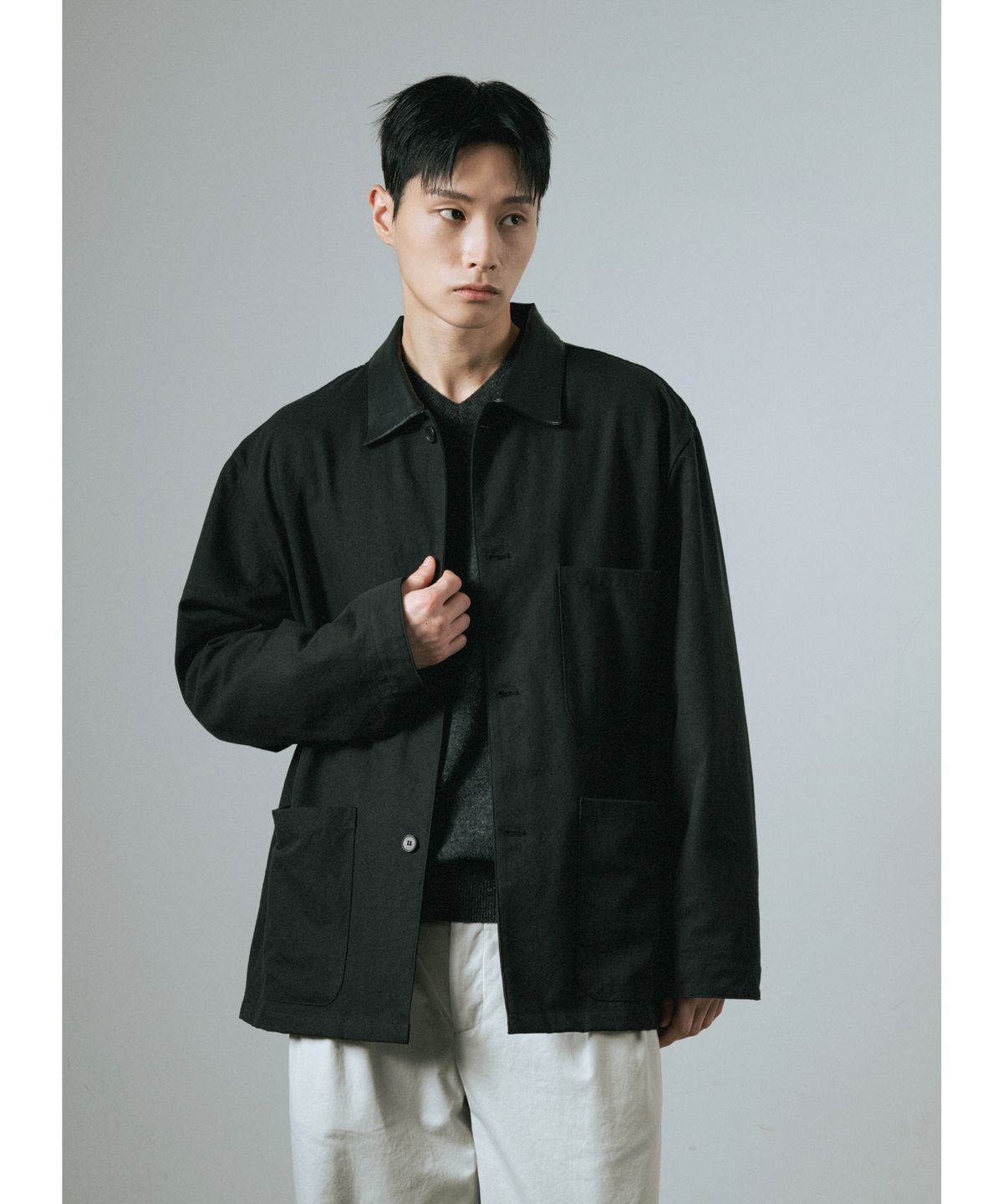 와기(WHAGI) Leather Collar Coverall Jacket (Black)