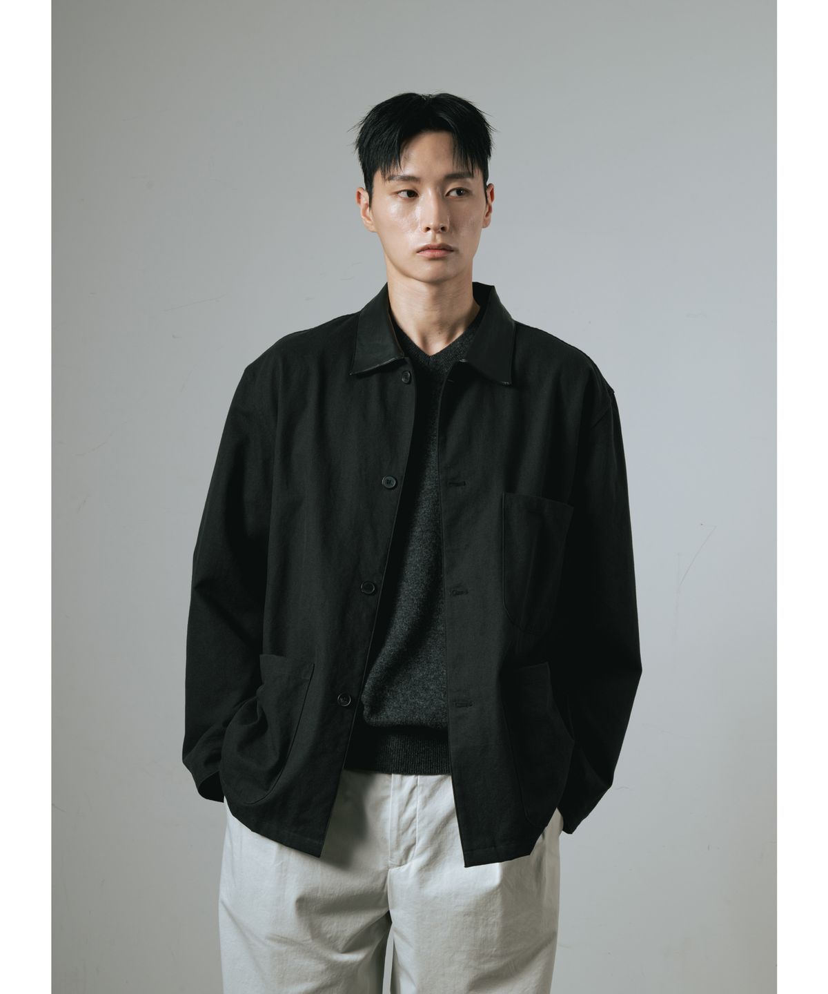 와기(WHAGI) Leather Collar Coverall Jacket (Black)