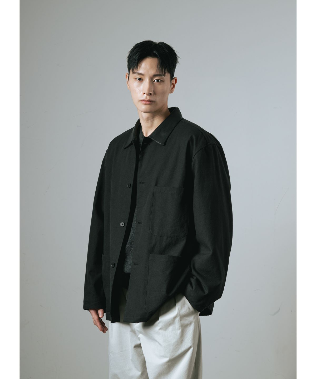 와기(WHAGI) Leather Collar Coverall Jacket (Black)