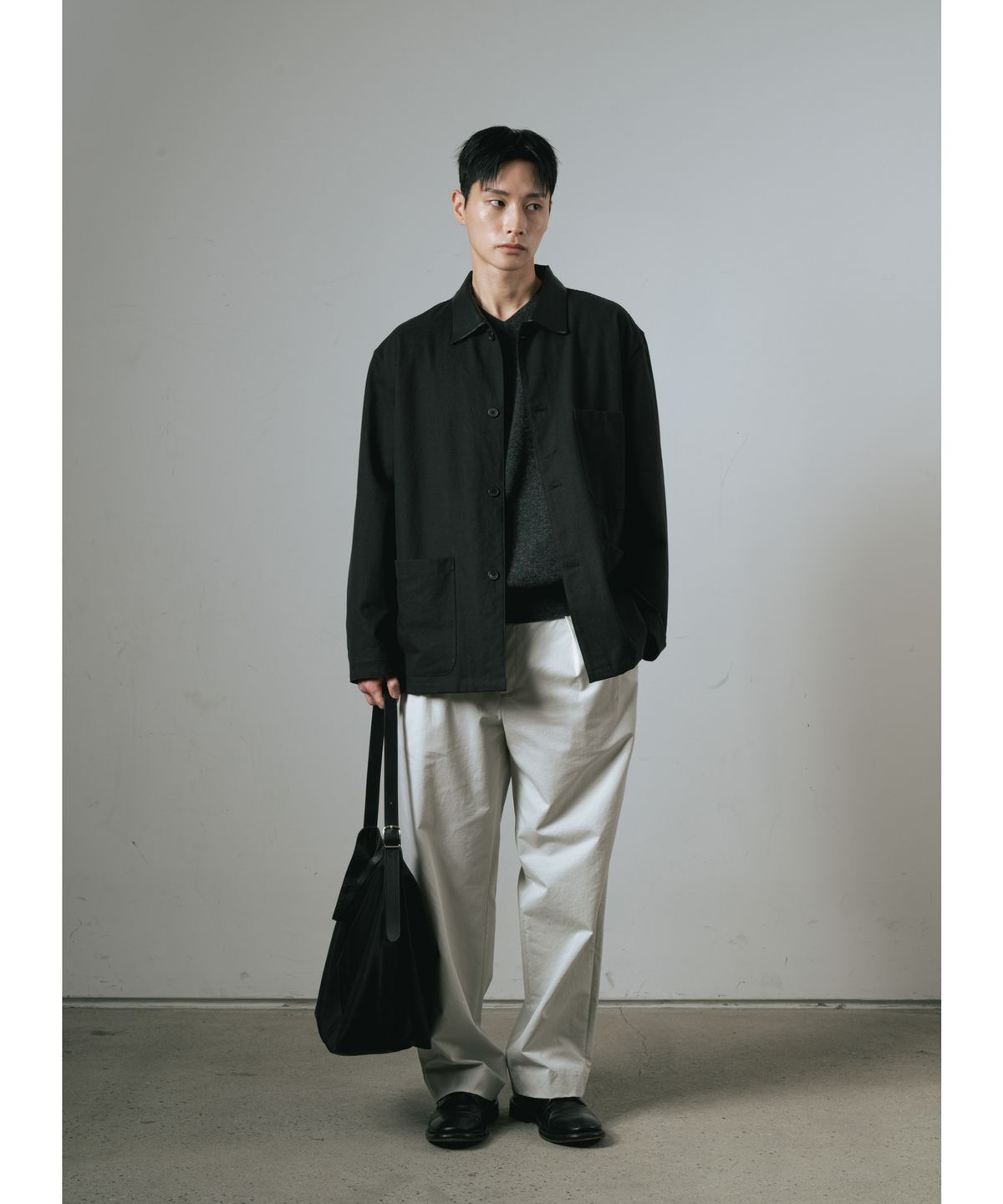 와기(WHAGI) Leather Collar Coverall Jacket (Black)