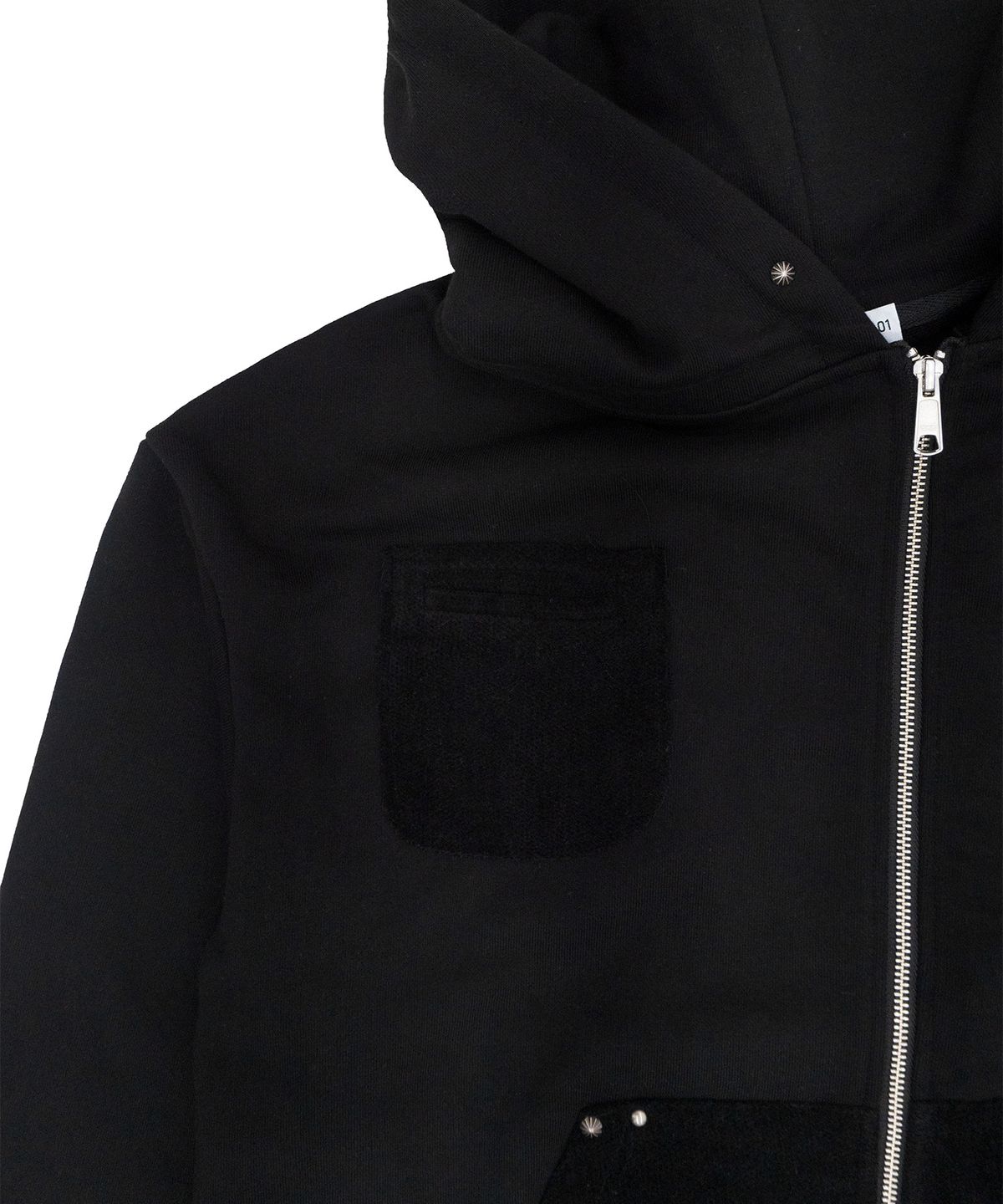 휴이(HUEY) Unbalanced Studded Hoodie Zip-Up Black