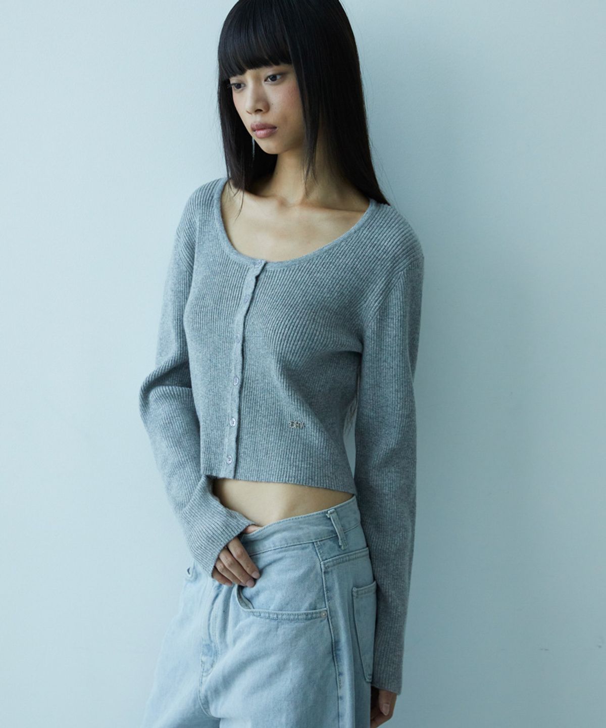 드헤베(DEHEVE) Round Ribbed Cardigan [Gray]