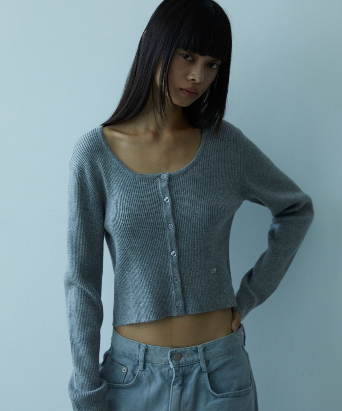드헤베(DEHEVE) Round Ribbed Cardigan [Gray]