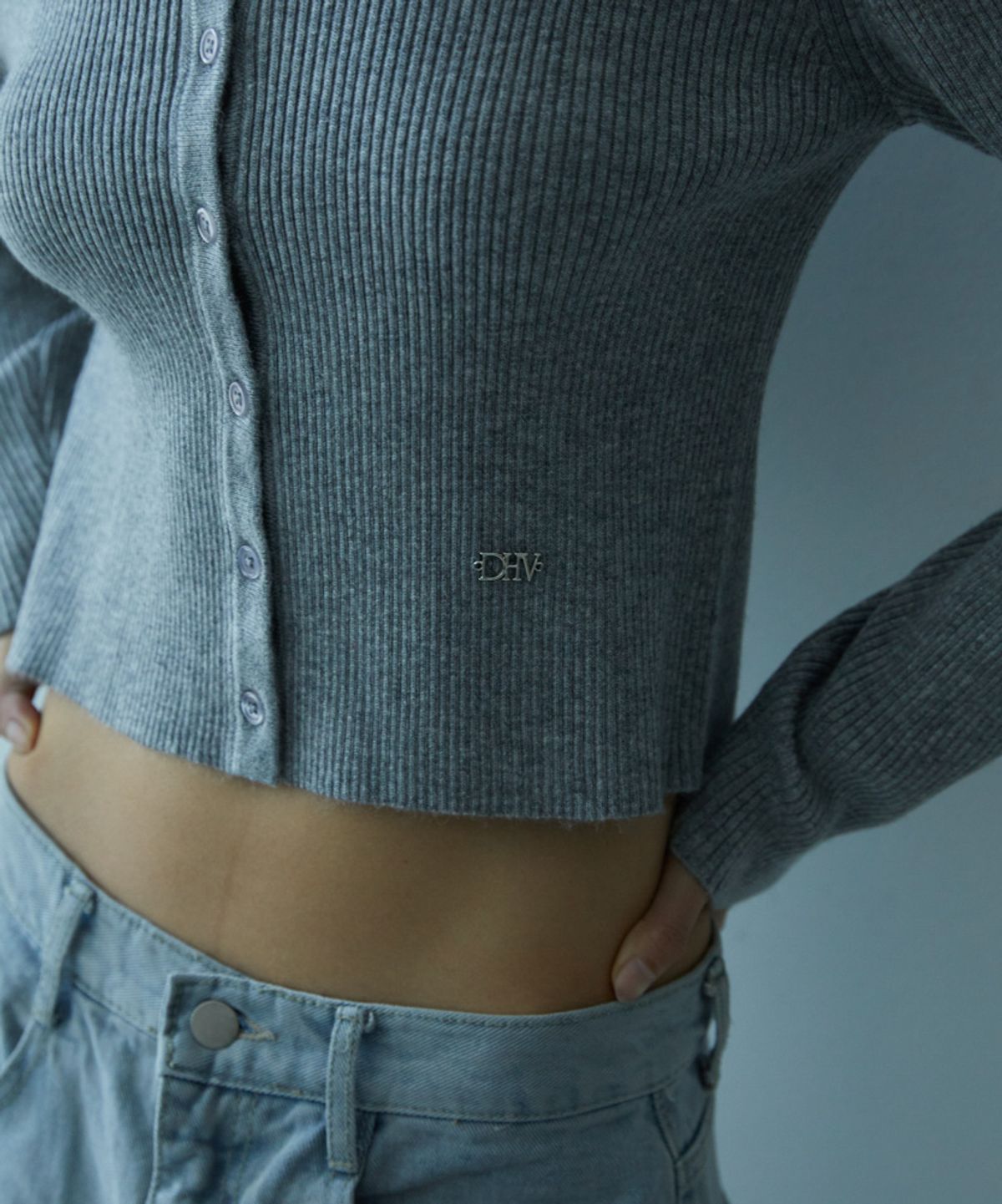 드헤베(DEHEVE) Round Ribbed Cardigan [Gray]