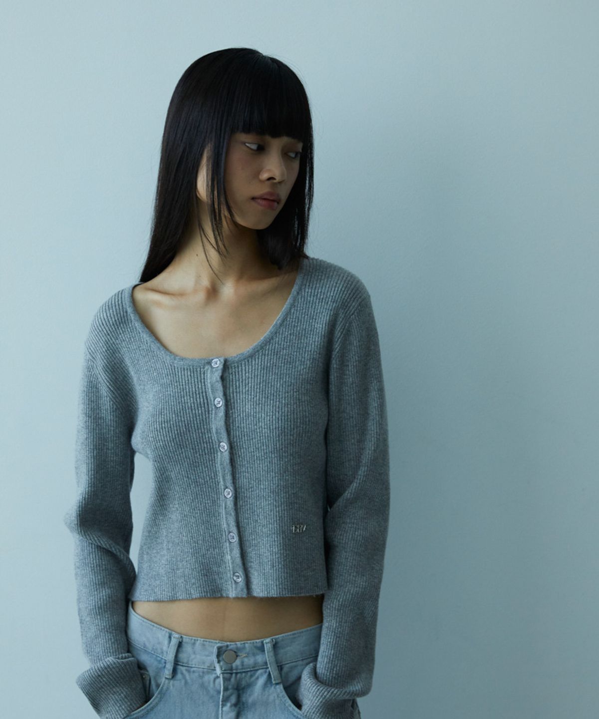 드헤베(DEHEVE) Round Ribbed Cardigan [Gray]