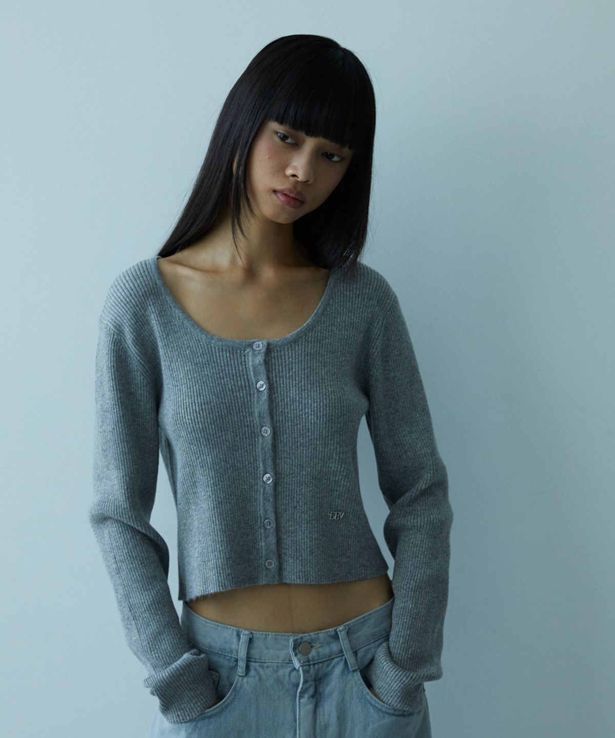 드헤베(DEHEVE) Round Ribbed Cardigan [Gray]