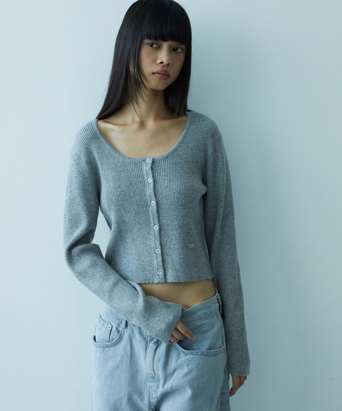 드헤베(DEHEVE) Round Ribbed Cardigan [Gray]