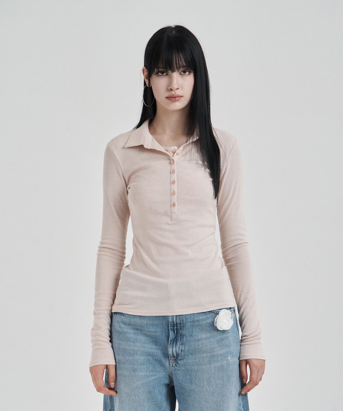 일리오(ILLIO) Pink Lace layered longsleeve polo shirts