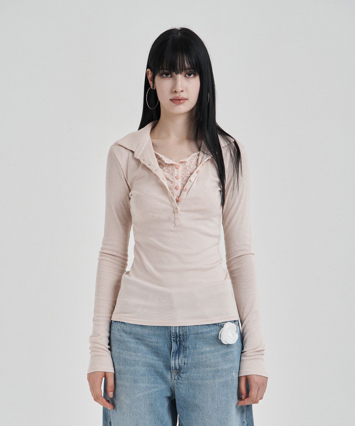 일리오(ILLIO) Pink Lace layered longsleeve polo shirts