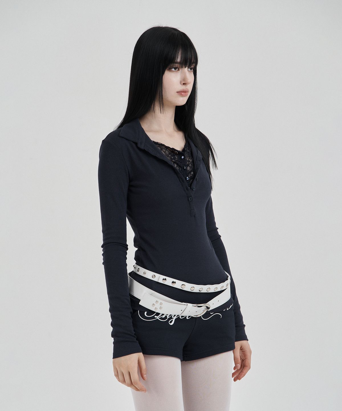 일리오(ILLIO) Navy Lace layered longsleeve polo shirts