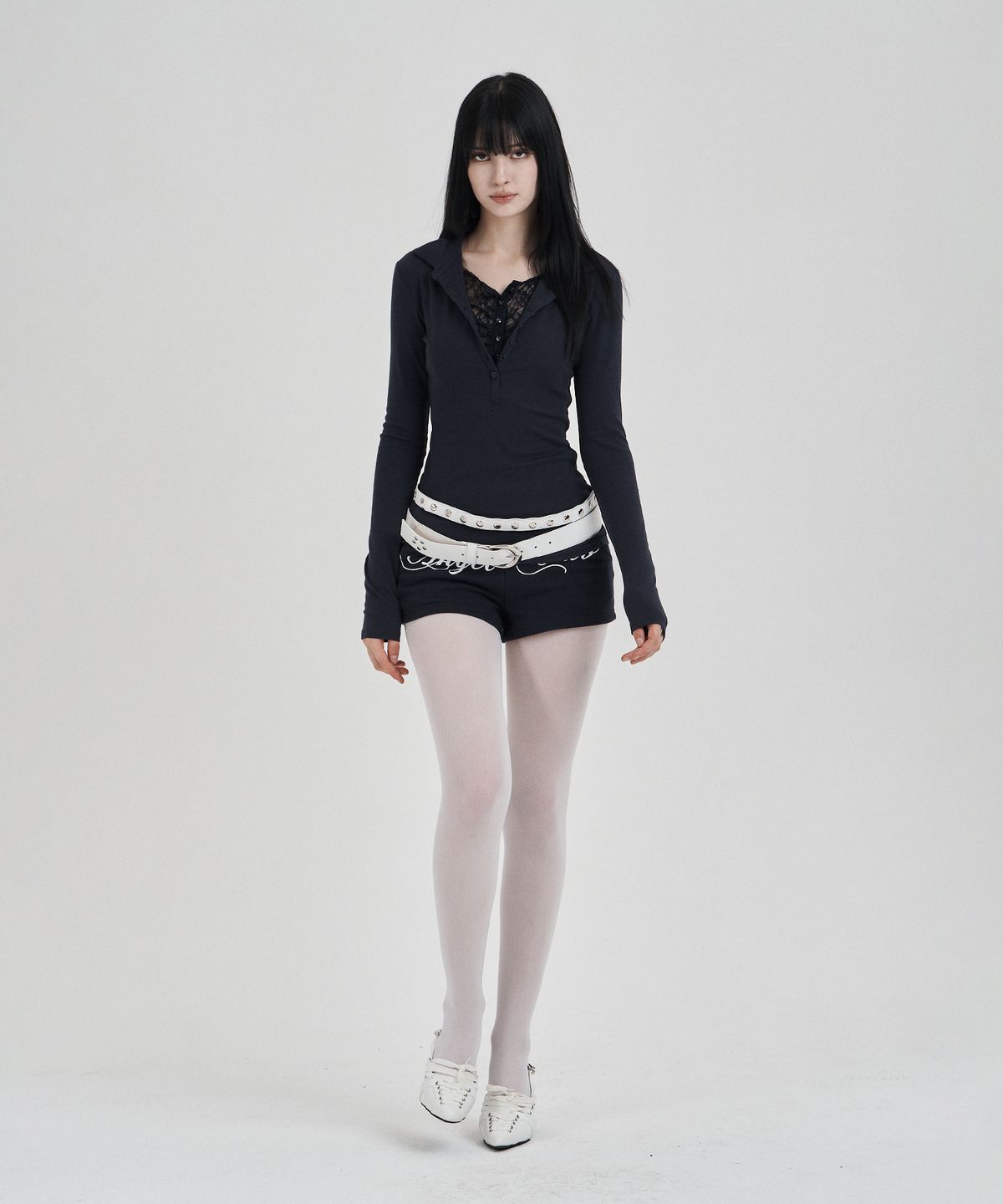 일리오(ILLIO) Navy Lace layered longsleeve polo shirts