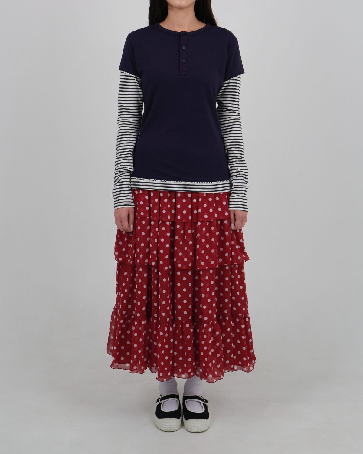 로액슈얼(LO AXUAL) DOT CHIFFON FLARE SKIRT_RED