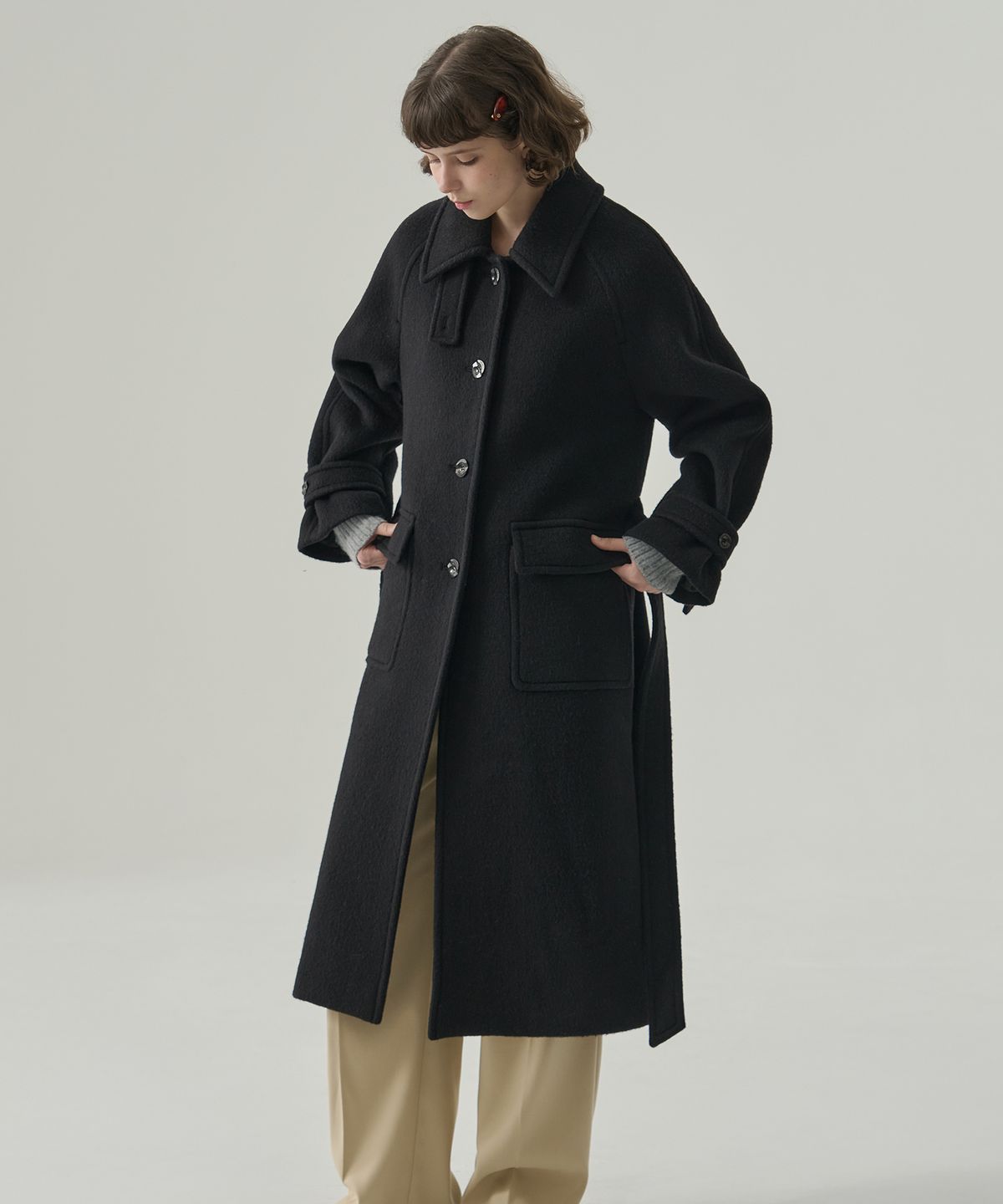 드로우핏 우먼(DRAWFIT WOMEN) 래빗 앙고라 울 발마칸 롱 코트 [BLACK]