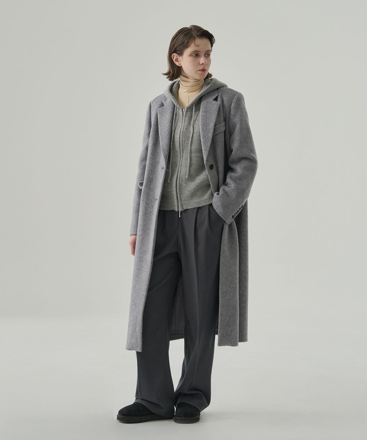 드로우핏 우먼(DRAWFIT WOMEN) 래빗 앙고라 울 핸드메이드 싱글 롱 코트 [M.GREY]