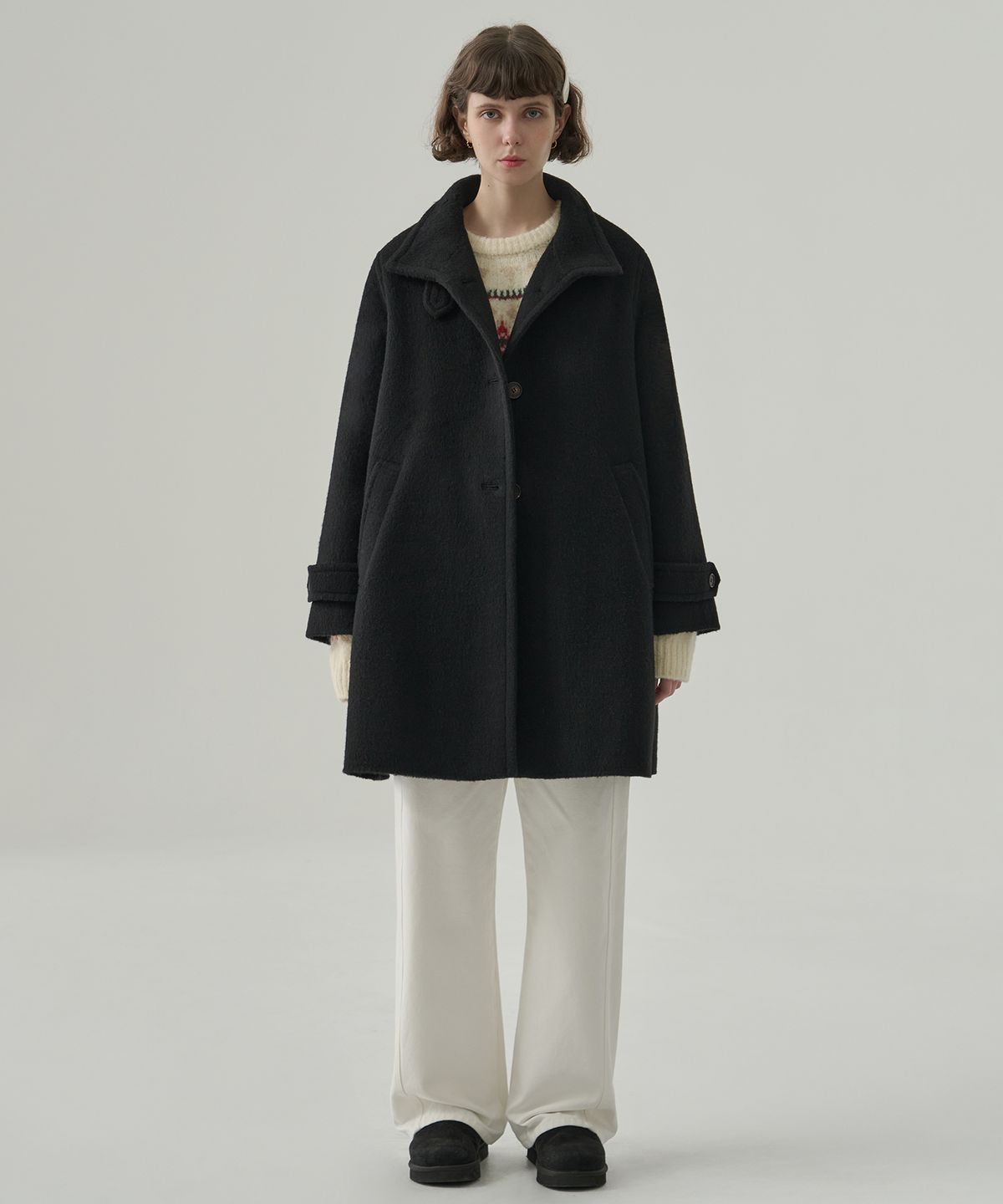 드로우핏 우먼(DRAWFIT WOMEN) 래빗 앙고라 울 핸드메이드 플레어 하프 코트 [BLACK]